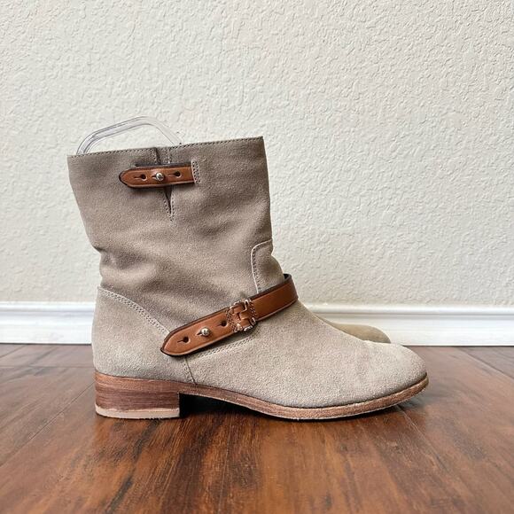 COACH Amy Boots Taupe Suede Leather Pull On Motorcycle Rider Moto - Picture 1 of 11